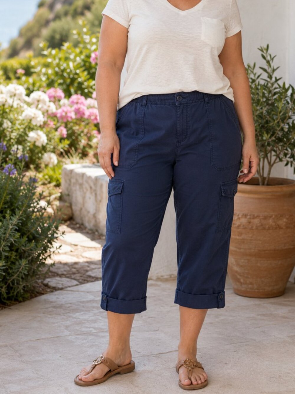 Chico's Navy Cargo Capri Pants 3.5 XL Pull-On Cotton Stretch Travel Utility